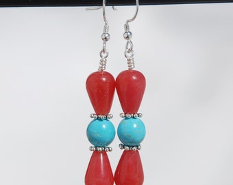 Handmade Turquoise Howlite and Red Jade Earrings, Southwest Earrings, Turquoise Earrings, Sterling and Bali Silver earrings, red earrings