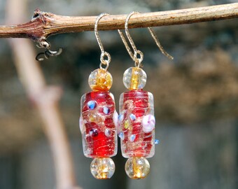 Handmade 14K Gold Filled Earrings: Red Copper Foil Glass Beads