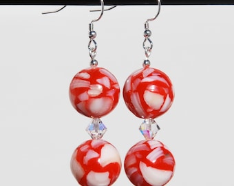 Red and white mother of pearl earrings, sterling earring, swarovski earrings, red shell earrings, white shell earrings, mother of pearl bead