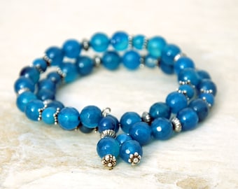 Faceted Blue Agate Memory Wire Bracelet: Sterling Silver Bali Accents