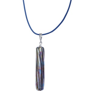 Lampwork Glass Pendant Necklace: Silvered Spiral Bead, Blue Leather