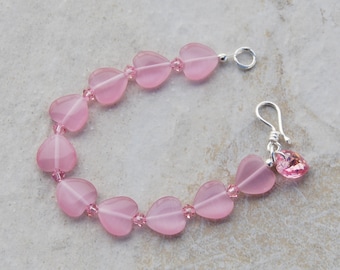 Sterling Silver Pink Cats Eye Heart Bracelet with Swarovski Crystal