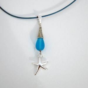 Handmade sterling silver starfish necklace, Sea glass necklace, blue glass necklace, blue leather necklace, leather star necklace, star fish