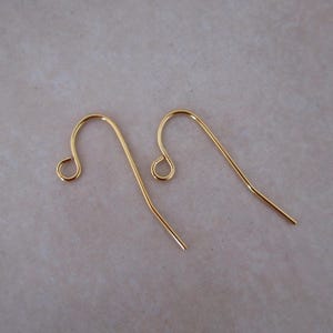 May include: Two gold-colored earring hooks. Each hook has a curved design with a looped top and a straight, pointed bottom. The hooks are made of a shiny, metallic material.