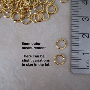 50 gold plated 6mm jump rings brass open 21 gauge image 2