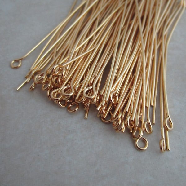 50 gold plated eyepins 2 inch 21 gauge