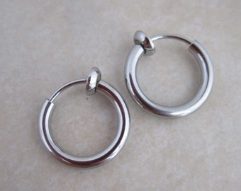 stainless steel 14mm (0.55 inch) clip on earring hoops non pierced ears hypoallergenic 304