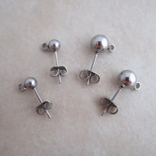 stainless steel ball earring studs hypoallergenic 4mm or 6mm with loop and clutches