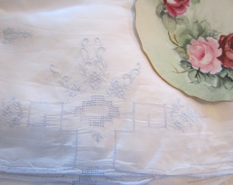 Vintage Linen Napkins 12 Twelve Embroidered Flowers Green Blue Pink Brown Spring Cotton Hand Cross Stitch