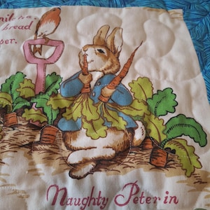 May include: A section of a quilted fabric featuring a whimsical illustration of Peter Rabbit. The image shows Peter Rabbit holding carrots, surrounded by green foliage and carrots. The text "Naughty Peter in" is visible in a cursive font.