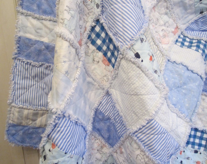 BABY BLUE RAG Quilt, Boy Rag Quilt, Blue Crib Quilt, Cotton and Flannel