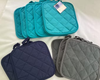 Quilted 100% cotton pot holders,  washable, set of three colors
