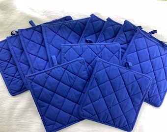 Quilted 100% cotton pot holders,  washable, royal blue