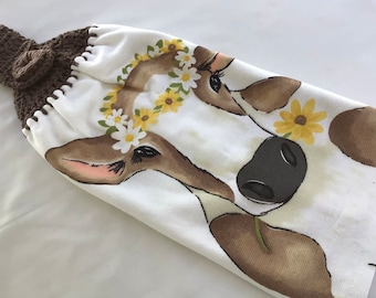 Hanging Towel, Cow with Daisies, Crocheted Top, Handmade