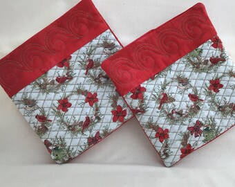 Manoplas para horno, agarraderas, tapete para calentar alimentos, accesorios de cocina, obsequios decorativos. Cardenales, flores de Pascua, casitas para pájaros.