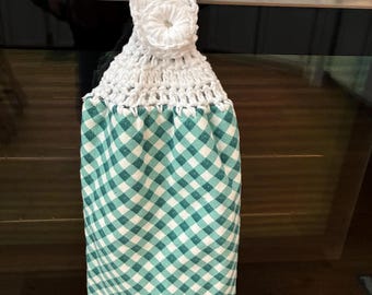 Crocheted Towel, flowers, checkered, crocheted top