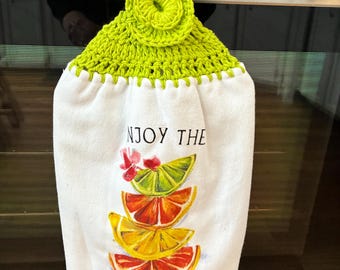 Hanging towel, lemon, oranges, fruit, crocheted top