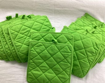 Quilted 100% cotton pot holders,  washable, Neon green with hanger tab