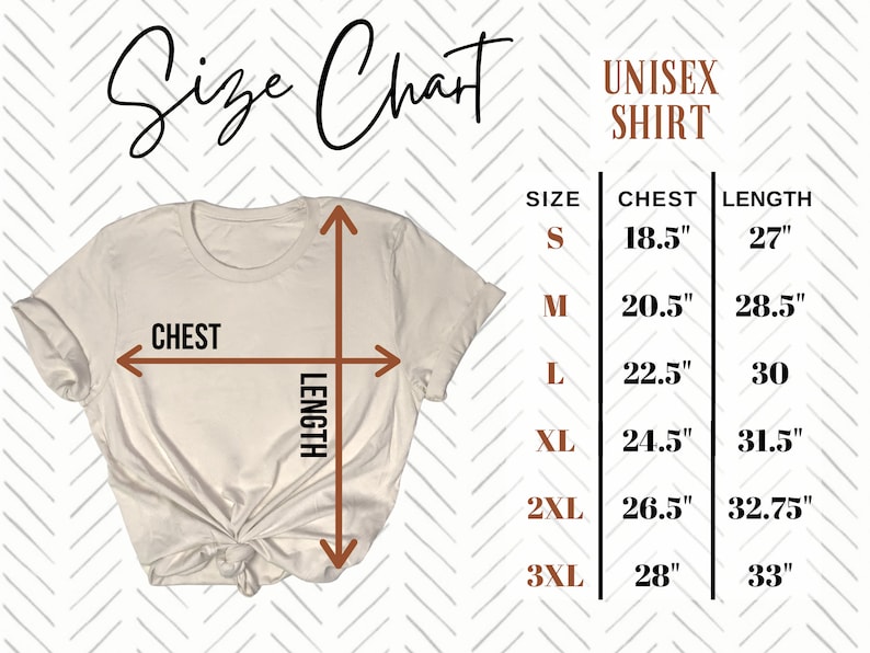 May include: Unisex t-shirt size chart with measurements in inches for chest and length. Sizes include S, M, L, XL, 2XL, and 3XL.