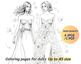 Prom Dresses 2, Coloring Page for Adults, Grayscale Coloring Page, girl portrait, Instant Download, JPEG, PDF