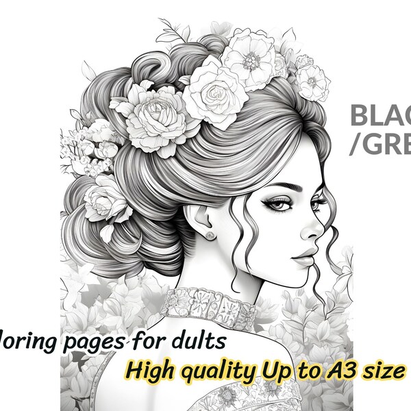 beautiful princess, Coloring Page for Adults, Grayscale Coloring Page, girl portrait, Instant Download, JPEG, PDF