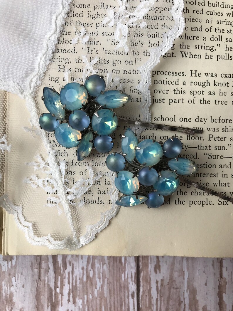 silver tone redesigned vintagefrivolity aqua Repurposed vintage jewelry bobby pins blue glass set of two hair bridal OOAK upcycled