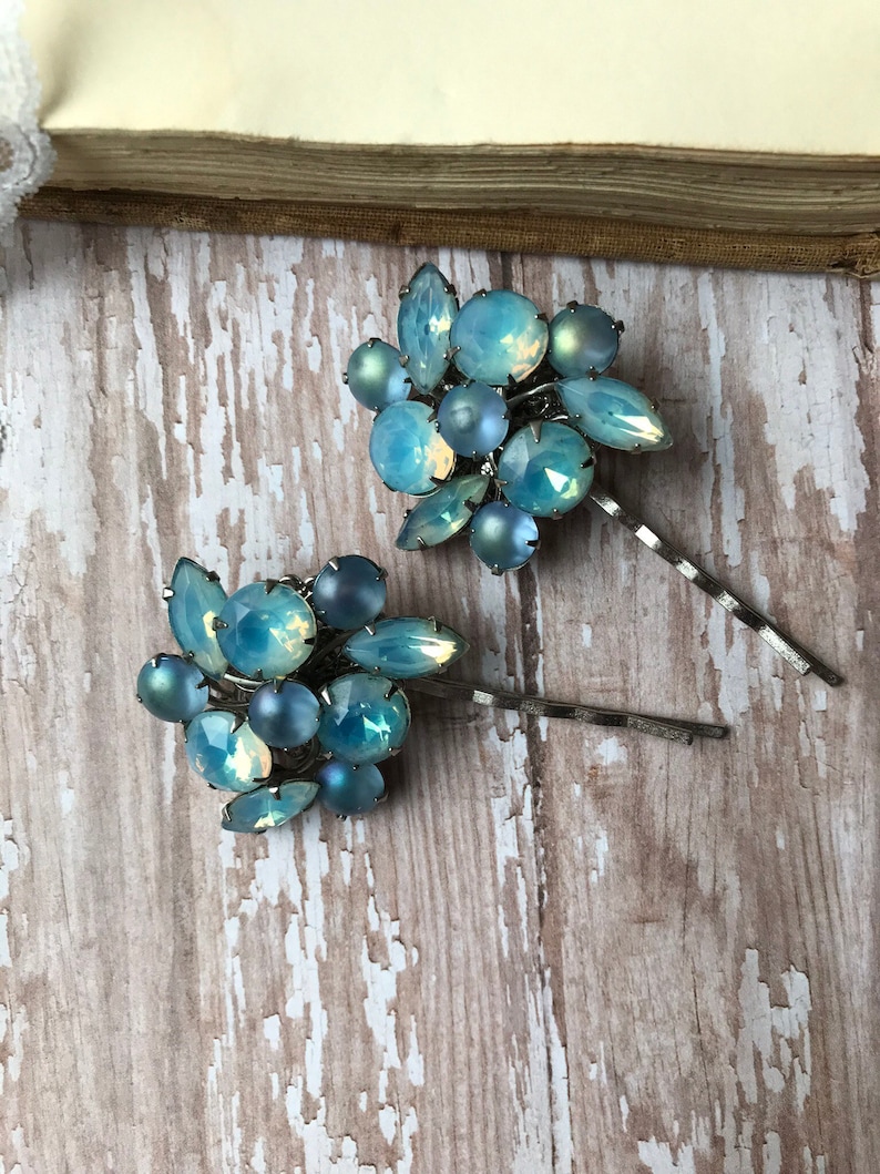 silver tone redesigned vintagefrivolity aqua Repurposed vintage jewelry bobby pins blue glass set of two hair bridal OOAK upcycled