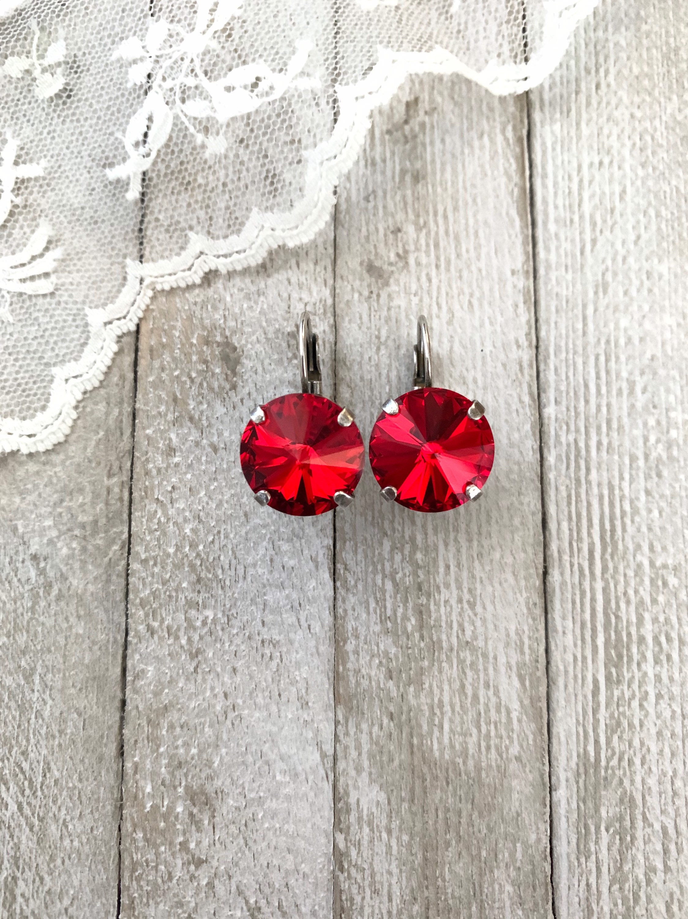 Cherry Red 14mm Swarovski crystal earrings Light Siam stones Etsy