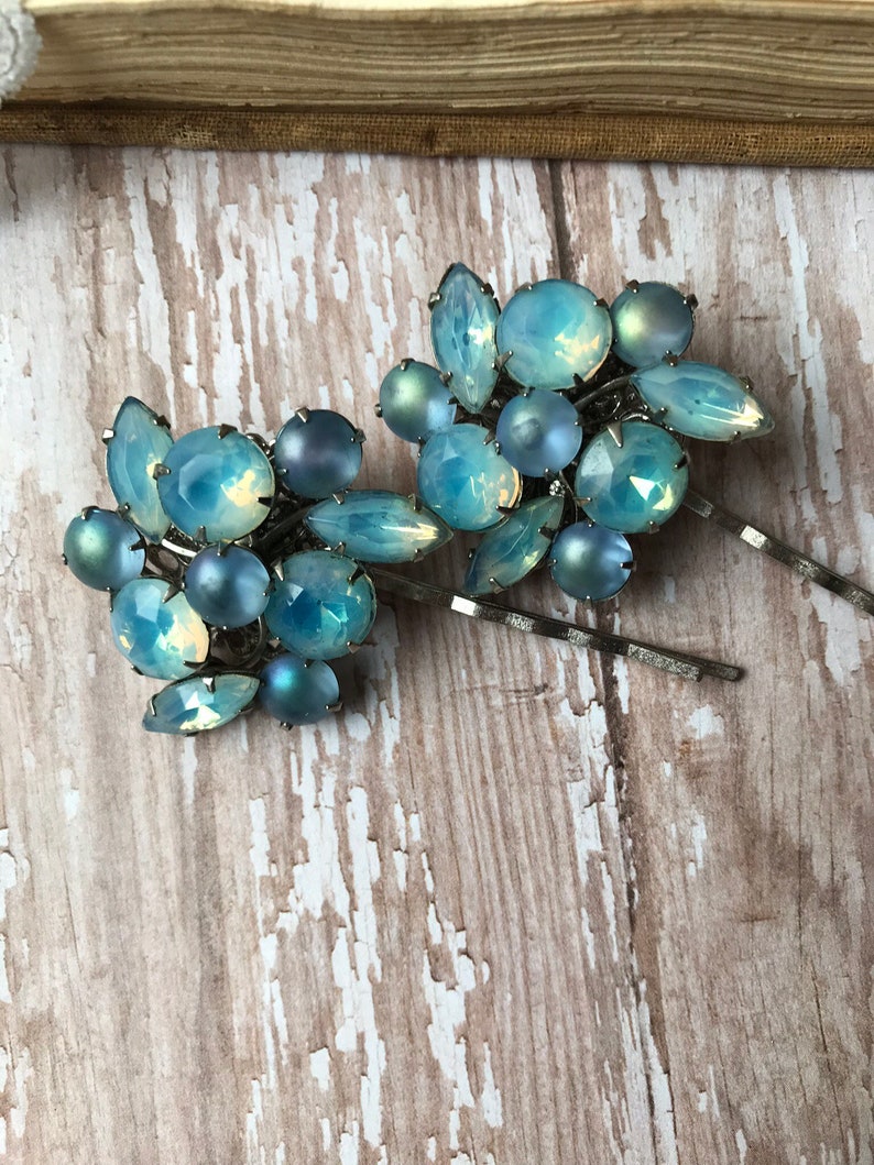 silver tone redesigned vintagefrivolity aqua Repurposed vintage jewelry bobby pins blue glass set of two hair bridal OOAK upcycled