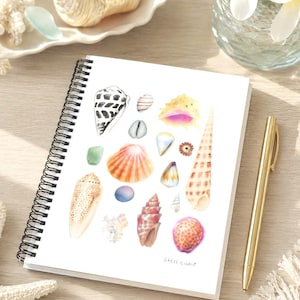 May include: A spiral-bound notebook featuring a watercolor illustration of various seashells, sea glass, and coral pieces on the white cover. The text "Shell camp" is printed in small black letters near the bottom right corner of the illustrated collection.