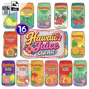 Puede incluir: Una colección de dieciséis latas de bebida coloridas etiquetadas como Hawaii, con varias ilustraciones de frutas como piña, mango, guayaba y lichi. El texto central dice Hawaii Juice Clip Art, rodeado de gráficos de flores y frutas tropicales.