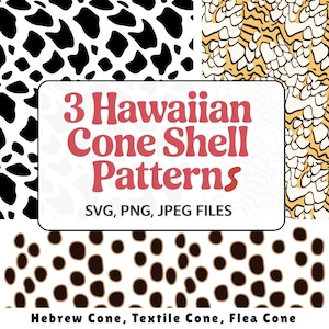 Puede incluir: Arte digital con tres patrones de conchas cónicas hawaianas en blanco y negro, beige y blanco, y marrón y blanco. La imagen incluye el texto "3 Hawaiian Cone Shell Patterns" e información sobre el tipo de archivo.