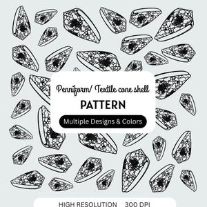 May include: A pattern design featuring numerous black and white penniform or textile cone shell illustrations. The design includes the text "PENNIFORM/ TEXTILE CONE SHELL PATTERN" and "Multiple Designs & Colors" on a white rectangular background.