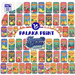 Puede incluir: Una colección digital de 16 latas de bebida con varios sabores temáticos de Hawái y patrones de cuadros Palaka. Cada lata muestra ilustraciones de frutas como piña, guayaba y lichi, con el texto Hawaii Juice Clip Art.