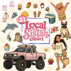 May include: A digital collection of 21 tropical-themed illustrations including a pink pickup truck with YODA on the grille, a person holding a cup, a dog with sunglasses, a dolphin, a seal, a hand making a shaka sign, fruits, and beach items.