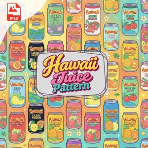 Söt regnbågsfärgad hawaiiansk juice digitalt mönster Aloha POG burk jordgubb guava grönt te juice Local Grindz - kommersiell användningslicens - JPG