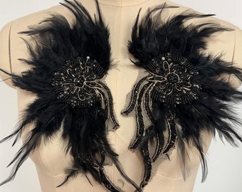 12 Colors Exquisite Beaded Applique Pair, Feather Appliqué Patch for Party Gown, Evening Dress, Bodice, Dance Costumes, Garments Sewing