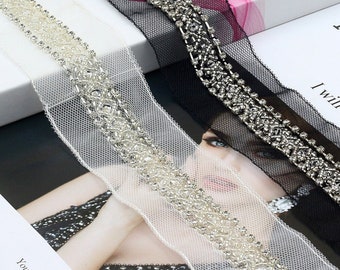 Beaded Lace Trim, Sparkling Rhinestone Mesh Trim, Beading Trimming Belt for Dress, Straps, Crafts Decor Beaded Trim