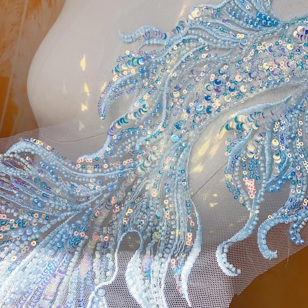 Pretty Sequins Beads Embroidery Mermaid Goldfish Applique, Shinny Beaded Appliqué for Bridal Dress, Veils, Evening Gown, Costumes, Sewing