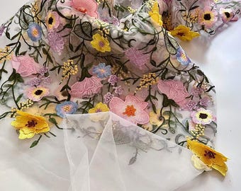 Fairy 3D Leaf Flower Embroidered Fabric, Branch Floral Tulle Fabric for Wedding Dress, Ball Gown, Veils, Couture Design, Clothing Sewing