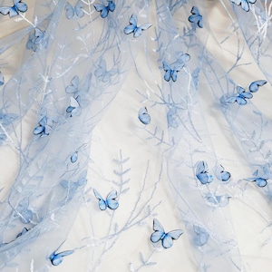 Butterfly Applique Fabric, Leaf Branch Embroidery with 3D Butterfly Lace Fabric for Flower Girl Dress, Headband, Party Dress, Bridal Veil