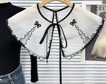 Lovely Organza Lace Collar, Bow Knot Embroidery Peter Pan Collar, Double Layer Fake Collar Applique, Tops Blouses Sweater Dress Decor