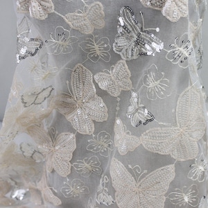 Sequins Butterfly Embroidery Fabric, Cute Butterflies Lace Fabric for Veils, Wedding Gown, Ball Gown, Dance Costumes, Fabrics for Sewing