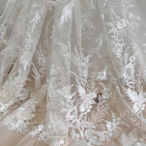 High-end Floral Bird Embroidery Sequins Lace Fabric, Embroidered Mesh Fabric for Bridal Gown, Wedding Dress, Prom, Ball Gown, 1 Yard