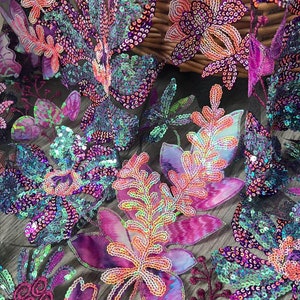 Exquisite Fashion Sequin Fabric, Sequined Flower Embroidered Lace Fabric for Party Dress, Evening Gown,  Dance Costumes, Garments Sewing