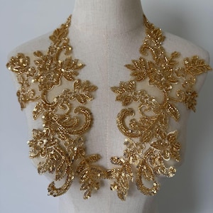 Gold White Beaded Applique, Flower Leaf Embroidered Applique Pair, Sequins Beaded Patch for Wedding Dress, Costumes, Lyrical, Evening Gown