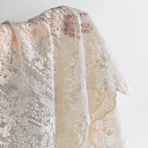 Puede incluir: Una delicada tela de encaje de color marfil con un patrón floral. El encaje es transparente y tiene una textura suave y fluida.