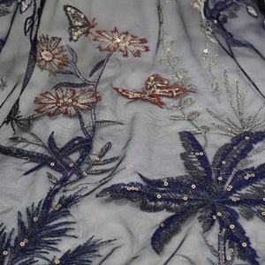 Delicate Coconut Palm Embroidery Tulle, Navy Blue Floral Tulle Fabric for Party Dress, Evening Gown, Birthday Dress , Garments Sewing