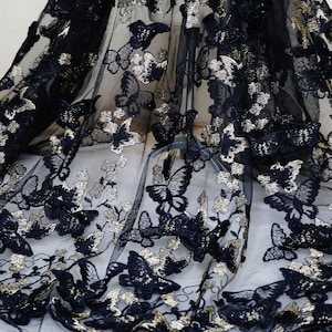 Black + Gold 3D Butterfly Tulle Fabric, Dlicate Embroidery Tulle Lace Fabric for Formal Dress, Party Gown,  Sewing, Garments, Crafts DIY