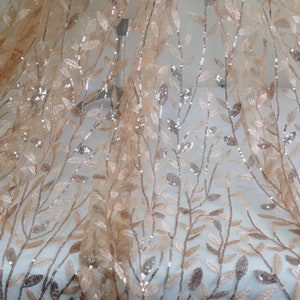 Delicate Leaf Embroidery Lace Fabric in Off White, Leaf Overlay Embroidered Mesh Tulle Lace Fabric for Wedding Gown, Dress, By 1 Yard